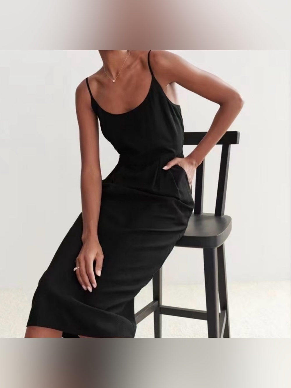 Jenni Kayne Rove Dress Black Midi Spaghetti Strap Quiet Luxury M LBD